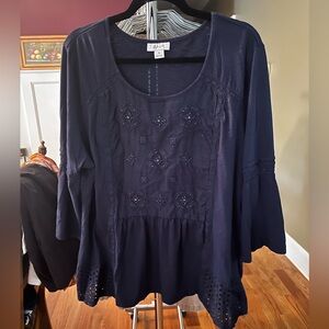 Style & Co Blue Beaded Lace Blouse Tiered Babydoll Cotton Croche - XL NWOT